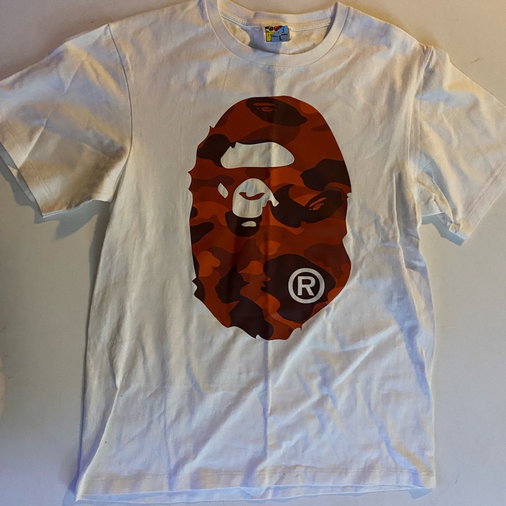 Bape White Tee with Orange Camo Ape Graphic